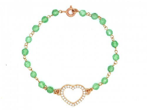 Bracciale in argento placcato oro rosa con centrale a forma di cuore con zirconi e pietre verdi