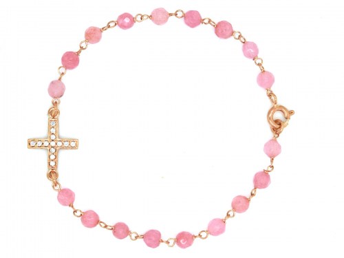 Bracciale in argento placcato oro rosa con centrale a forma di croce con zirconi e pietre rosa