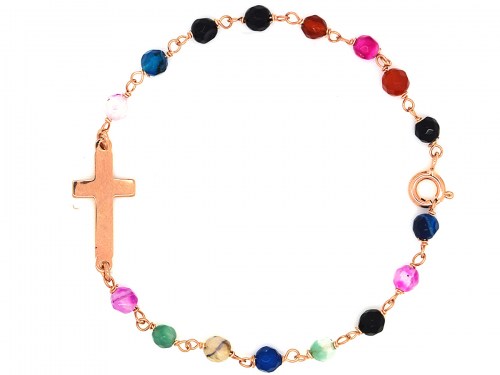 Bracciale in argento placcato oro rosa con elemento a forma di croce e pietre naturali multicolore