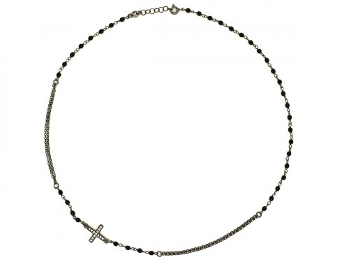 Collana in argento colore brunito con pietre nere e croce con zirconi