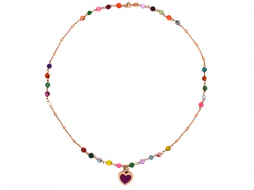 Collana in argento placcato oro rosa con pendenti a forma d cuore e pietre multicolore