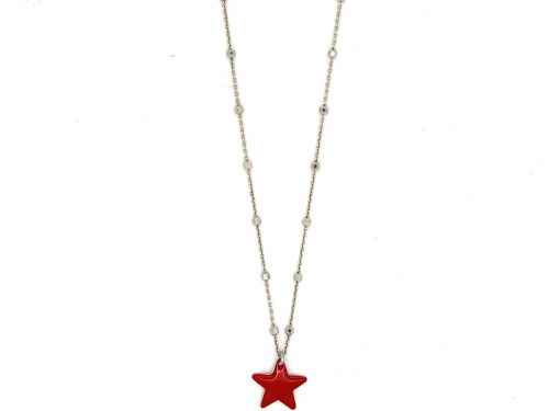 Collana in argento placcato oro bianco con pendente smaltato rosso a forma di stella