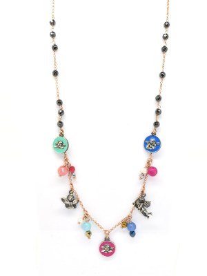 collana in argento con pendenti a forma di angelo e smaltati e con perle e pietre naturali