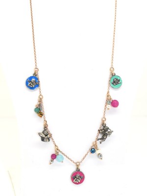 collana in argento rosato con pendenti a forma di angelo e smaltati e con perle e pietre naturali