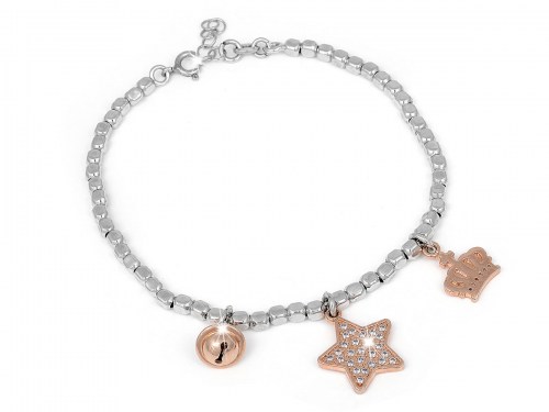 Bracciale in argento microfuso con pendenti a forma di stella, corona e campanella