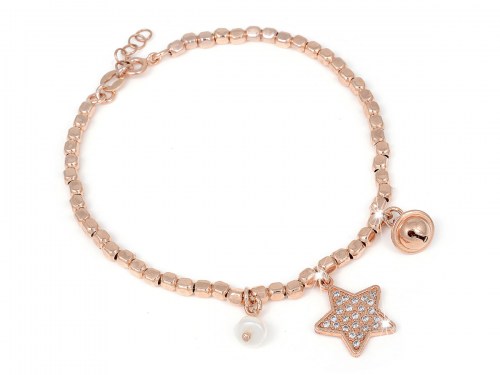 Bracciale in argento microfuso con pendente a stella e pietre naturali, campanella e perla di acqua dolce