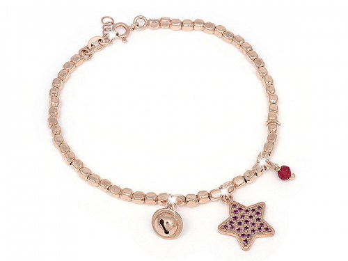 Bracciale in argento rosa microfuso con pendente a stella e pietre naturali viola, campanella e zircone rosso