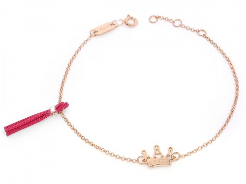 Bracciale in argento rosa con catena fine, nappa rossa e corona