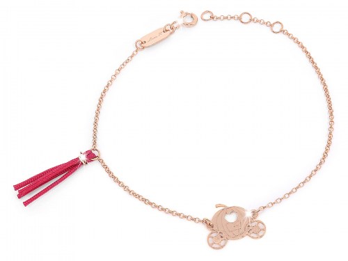 Bracciale in argento rosa con catena fine, nappa rossa e carrozza di alice nel paese delle meraviglie