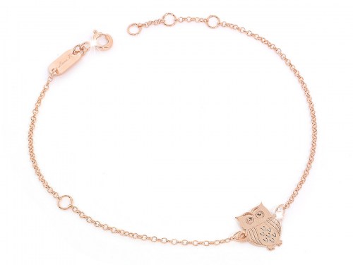 Bracciale in argento rosa con catena fine e pendente gufo portafortuna