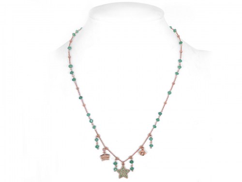 collana in argento rosa con pendenti stella con zirconi verdi, campanella e corona. pietre naturali quarzo verde