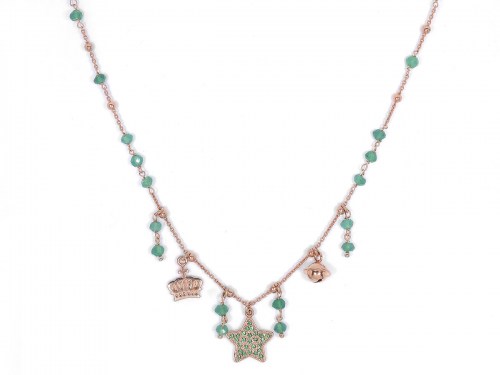 collana in argento rosa con pendenti stella con zirconi verdi, campanella e corona. pietre naturali quarzo verde