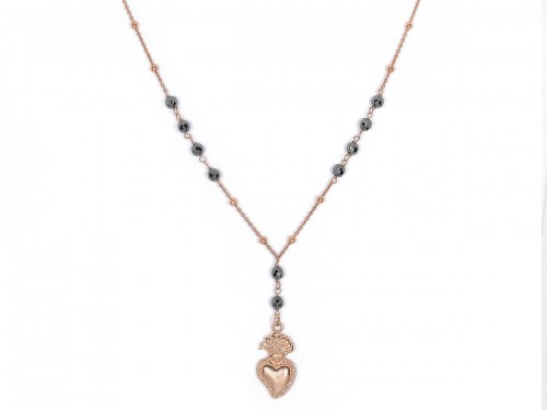 collana in argento color rosa ed ematite con pendente a sacro cuore