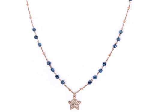 collana in argento colo rosa e pietre naturali ematite blu con pendente e zirconi
