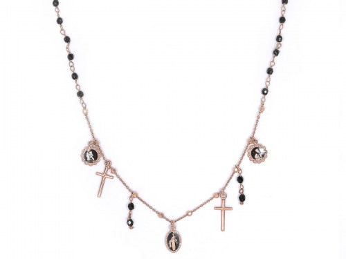 collana in argento rosa con pietre ematite e pendente madonna e croce