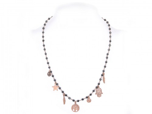 collana in argento rosa con pietre ematite e simboli della pace