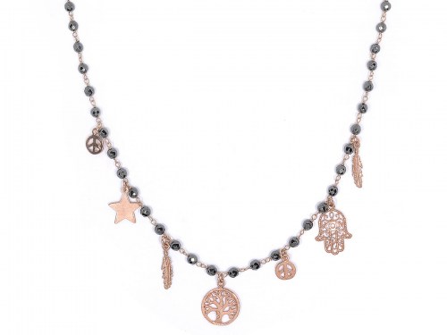 collana in argento rosa con pietre ematite e simboli della pace