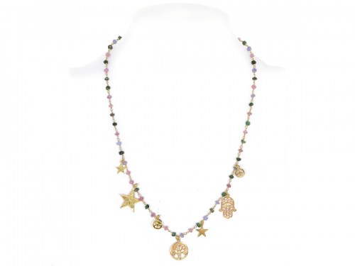 collana in argento rosa con pietre multicolor e simboli della pace, albero della vita e mano di hallah