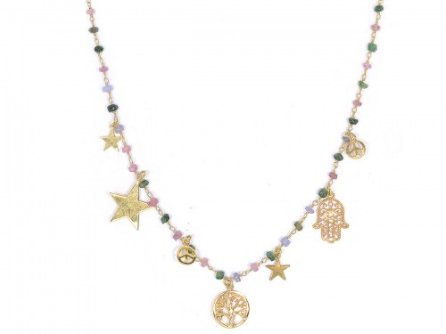 collana in argento rosa con pietre multicolor e simboli della pace, albero della vita e mano di hallah