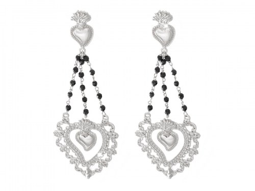  Orecchini in argento con pendente sacro cuore e pietre naturali onice nero e chiusura a farfallina