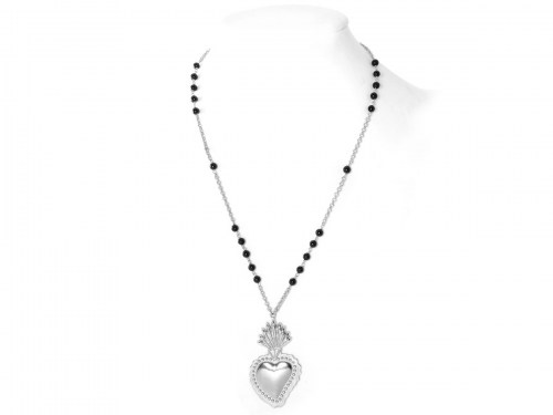 collana in argento con sacro cuore piccolo e pietre naturali nere onice