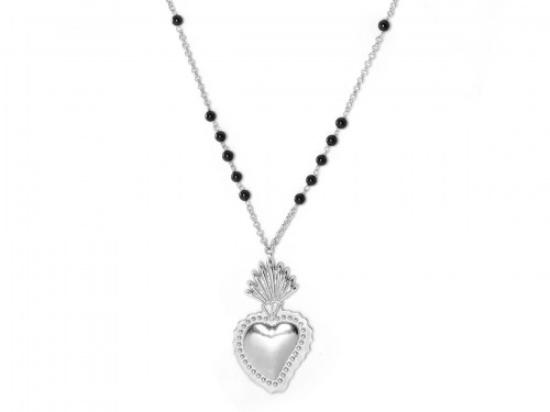 collana in argento con sacro cuore piccolo e pietre naturali nere onice