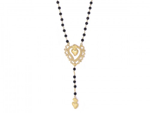 collana in argento color giallo e sacro cuore e pietre naturali nere onice