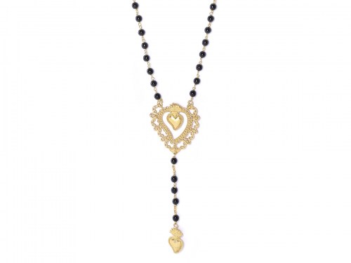 collana in argento color giallo e sacro cuore e pietre naturali nere onice