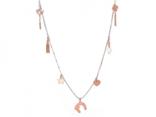 Collana con pendenti porta fortuna, ferro cavallo, stelle, cuori e perle