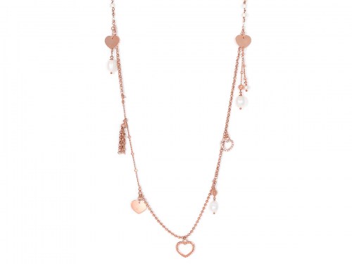 Collana in oro rosa con perle e cuori a pendenti