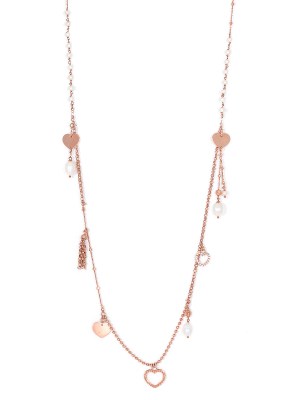Collana in oro rosa con perle e cuori a pendenti