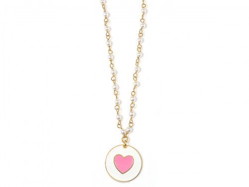Collana gialla con perle e pendente con smalto e cuore colorrosa