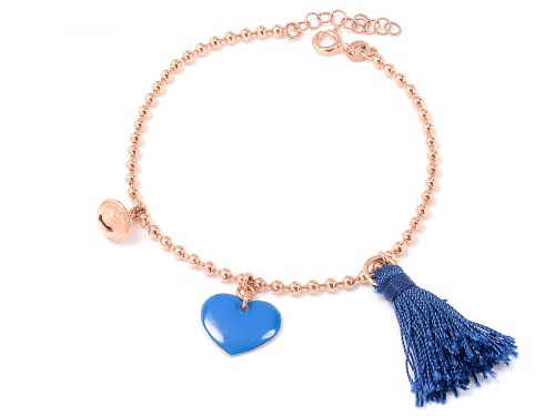 Bracciale in argento color oro rosa con campanella, nappa blu e cuore smaltato