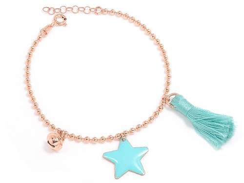 Bracciale in argento color oro rosa con campanella, nappa celeste e stella smaltata