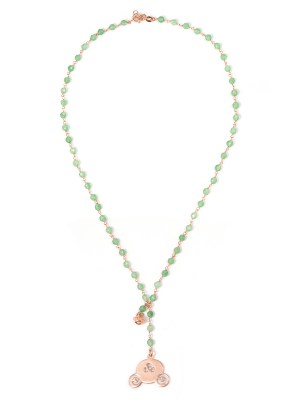 Collana in argento color rosa, pietre naturali agata verde con orsacchiotto e campanella