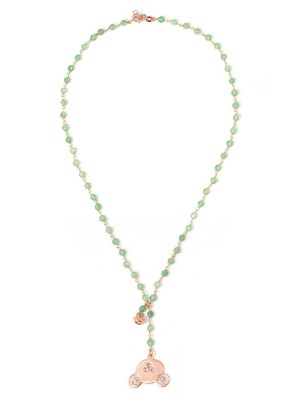 Collana in argento color rosa, pietre naturali agata verde con orsacchiotto e campanella