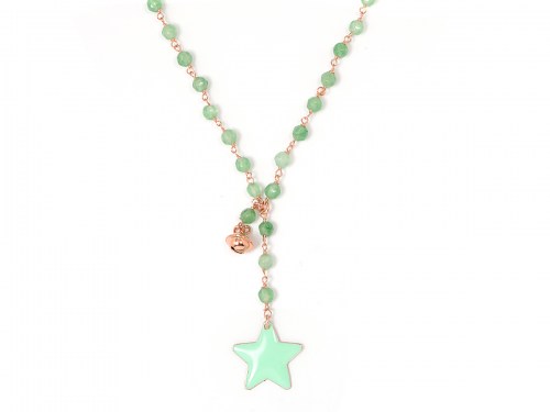 Collana in argento color rosa, pietre naturali agata verde con stella smaltata e campanella