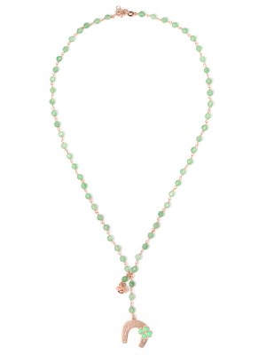 Collana in argento color rosa, pietre naturali agata verde con ferro dicavallo smaltato e campanella