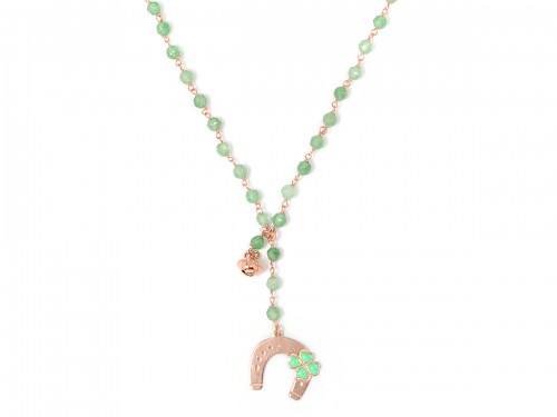 Collana in argento color rosa, pietre naturali agata verde con ferro dicavallo smaltato e campanella