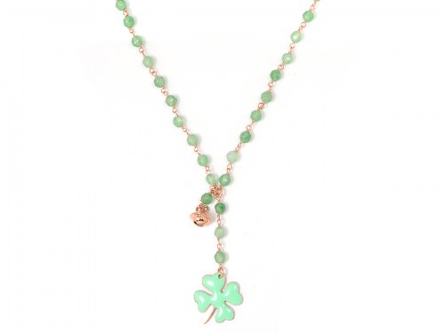 Collana in argento color rosa, pietre naturali agata verde con quadrifoglio smaltato e campanella