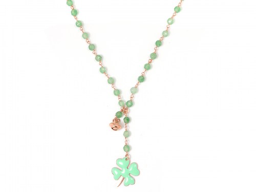 Collana in argento color rosa, pietre naturali agata verde con quadrifoglio smaltato e campanella