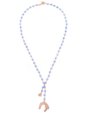 Collana in argento color rosa, pietre naturali agata celeste con ferro di cavallo e campanella