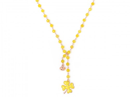 Collana in argento color rosa, pietre naturali agata gialla con quadrifoglio smaltato e campanella