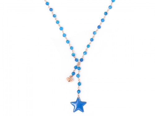 Collana in argento color rosa, pietre naturali agata blu con stella smaltata e campanella