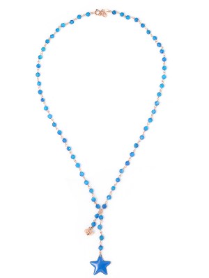 Collana in argento color rosa, pietre naturali agata blu con stella smaltata e campanella