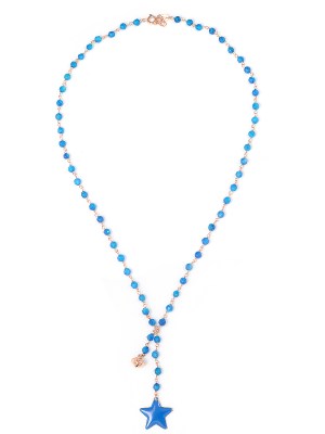 Collana in argento color rosa, pietre naturali agata blu con stella smaltata e campanella