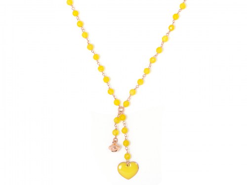 Collana in argento color rosa, pietre naturali agata gialla con cuore smaltato e campanella