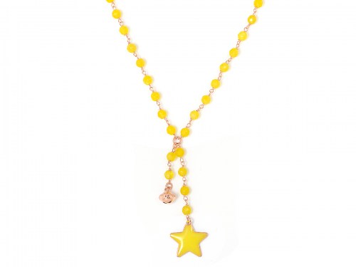 Collana in argento color rosa, pietre naturali agata gialla con stella smaltata e campanella