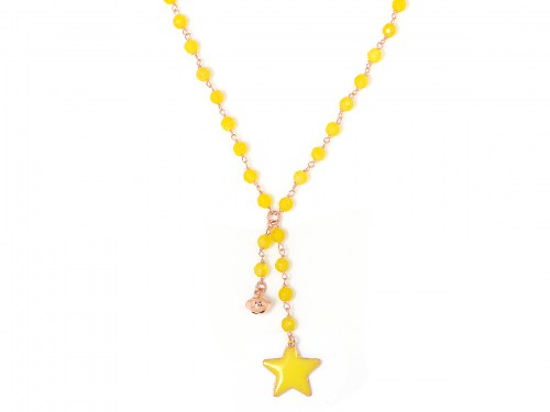 Collana in argento color rosa, pietre naturali agata gialla con stella smaltata e campanella