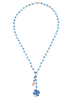 Collana in argento color rosa, pietre naturali agata blu con quadrifoglio smaltato e campanella